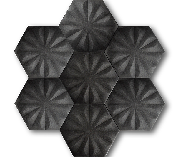 15x17 Hexagon Flower Matte Black Handmade Ceramic