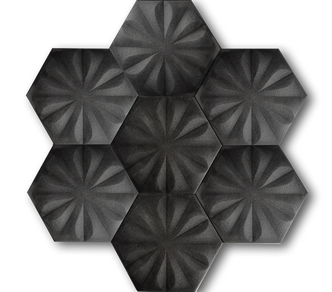 15x17 Hexagon Flower Matte Black Handmade Ceramic