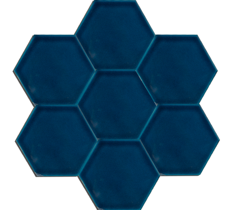 15x17 Hexagon Flat Petrol Blue Cracked Glaze Handmade Ceramic