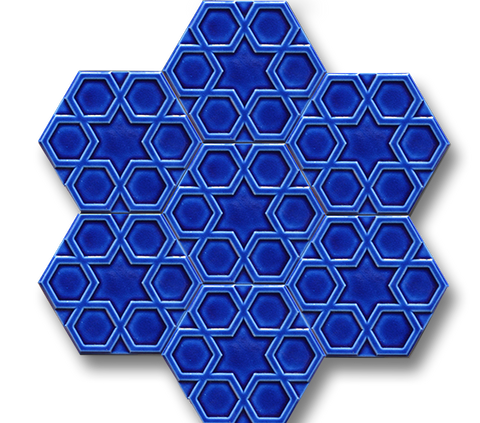 15x17 Hexagon Turkmen Star Cobalt Cracked Glaze Handmade Ceramic