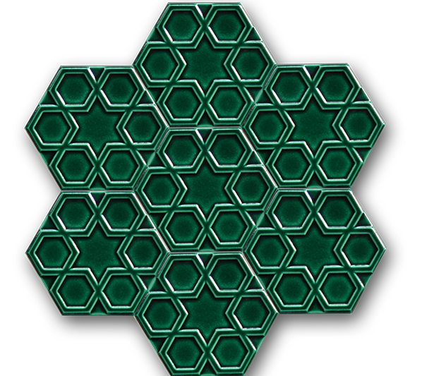 15x17 Hexagon Turkmen Star Emerald Green Cracked Glaze Handmade Ceramic