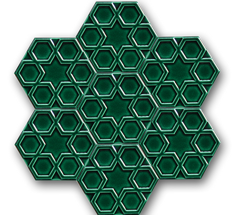 15x17 Hexagon Turkmen Star Emerald Green Cracked Glaze Handmade Ceramic